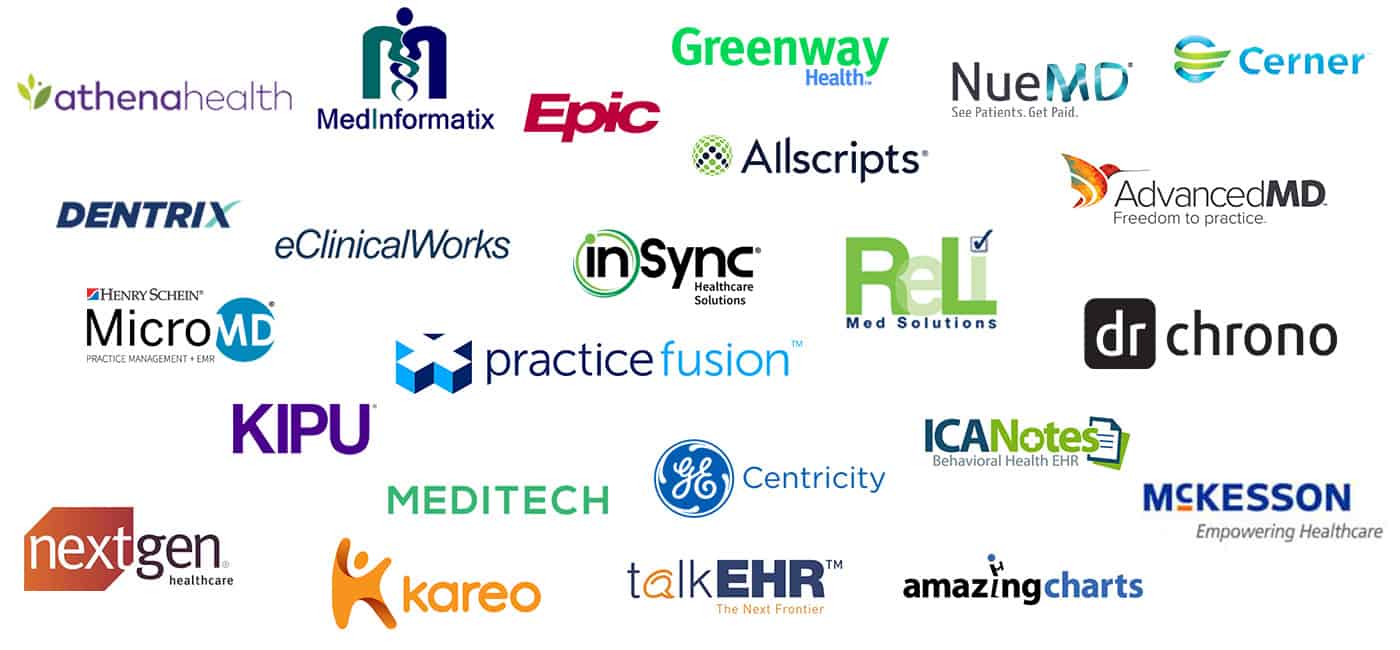A variety of different EHR vendor logos representing a sub section of the number of EHRs that Smartlink has done an integration with.