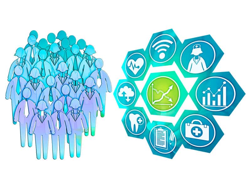 A group of people standing next to icons with healthcare symbols. A group of people standing next to icons with healthcare symbols.