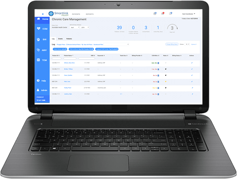 The Chronic Care Management software application by Smartlink displayed on a laptop screen.