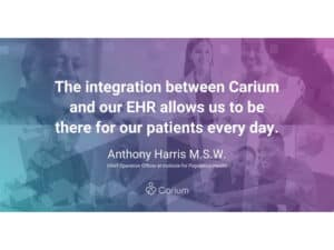 A-quote-from-Anthony-Harris-at-Institute-for-Population-Health-overlayed-on-images-of-doctors-and-patients-and-the-logo-for-Carium,-a-virtual-care-platform.
