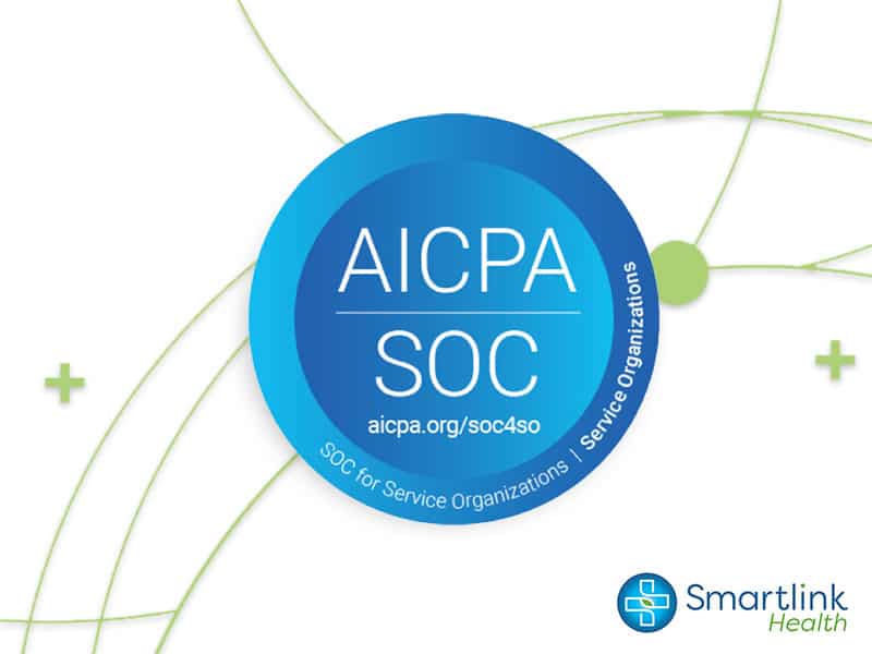 AICPA-SOC-for-Service-Organizations-logo-in-the-middle-of-a-large-circle-with-the-Smartlink-Health-logo-in-the-bottom-right.