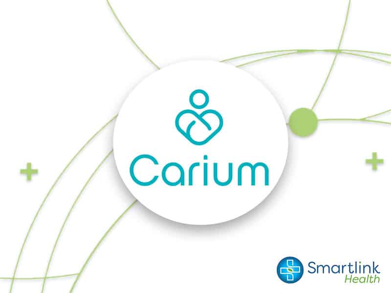 The-Carium-logo-in-the-middle-of-a-circle-with-the-Smartlink-Health-logo-in-the-bottom-right-corner,-symbolizing-a-partnership-between-the-two-companies
