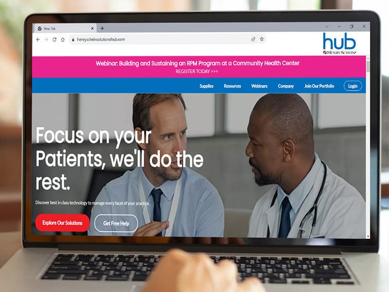 Henry-Schein-Solutions-Hub-website-page-on-a-laptop