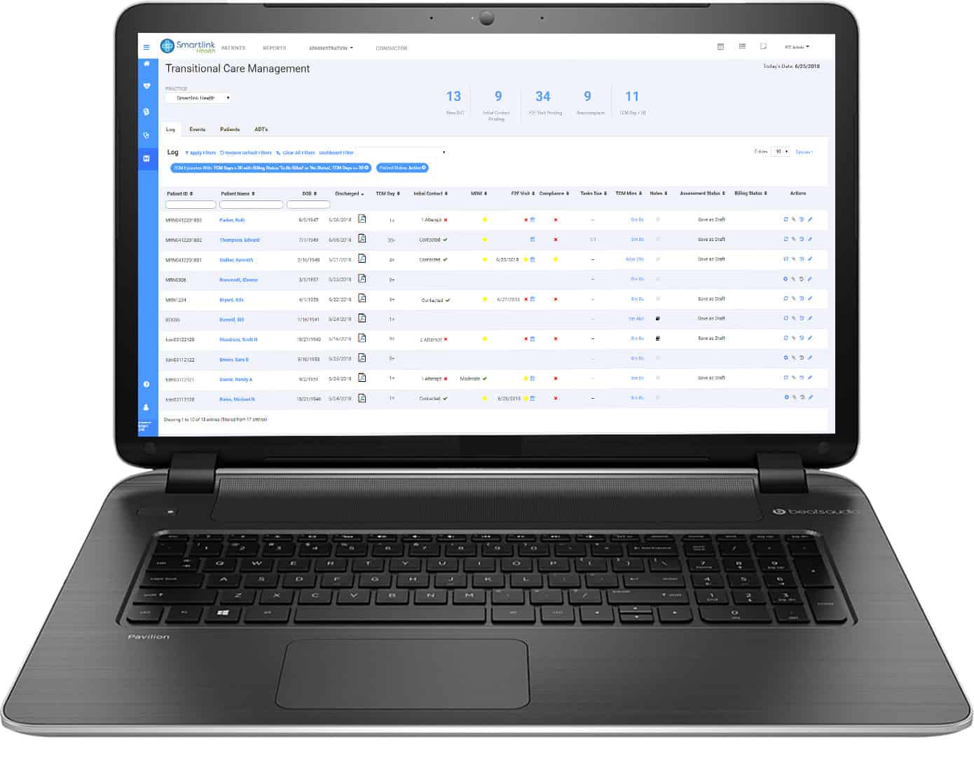 Transitional Care Management software by Smartlink Health displayed on a laptop screen.