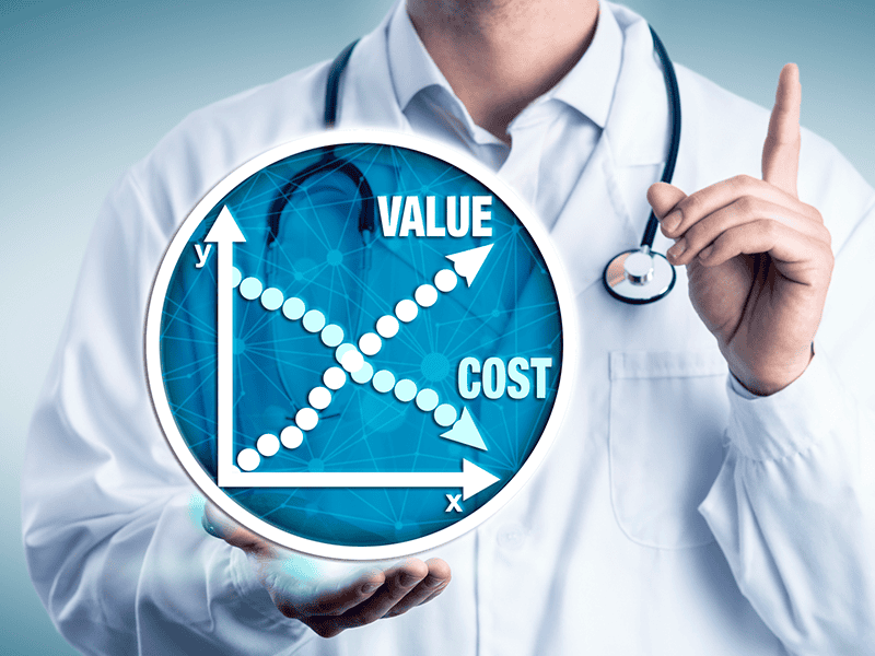 Young healthcare professional presenting cost versus value considerations in medicine, symbolizing value-based care strategies and cost-effective healthcare infrastructure.
